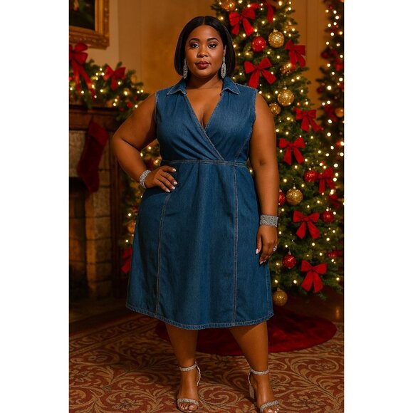 Faded Glory Plus Size 20W Denim Dress Surplice Collared Sleeveless Side Zip - Picture 10 of 10